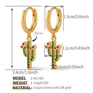 Detailed size chart for cactus hoop earrings featuring 18k gold plating and green zircons