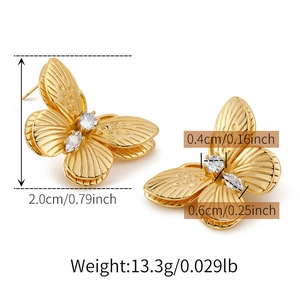 Detailed view of butterfly earrings with sparkling cubic zirconia and dimensions