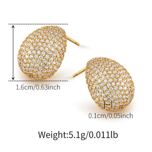 Detailed view of gold oval earrings with micro-paved zircons and 1.6cm size dimensions