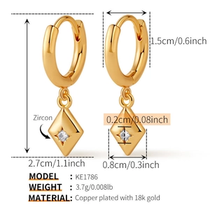 Detailed technical drawing of 18k gold hoop earrings with zircon dimensions and weight