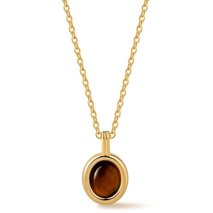Close-up of golden necklace featuring an oval tiger eye stone pendant on a link chain