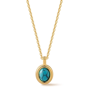 Detail showing gold turquoise pendant necklace with natural blue-green stone texture