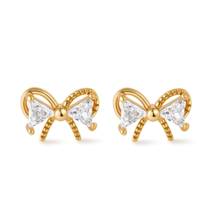 Elegant gold bow earrings with sparkling triangle cubic zirconia for daily wear