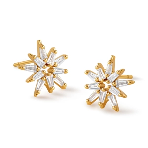 Macro detail of starburst flower stud earrings with baguette cut cubic zirconia