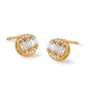 Detailed macro of gold flower studs with baguette and pave cubic zirconia stones