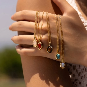 Bohemian gold chain necklaces with oval tiger eye and turquoise stone pendants set of five