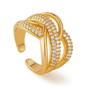 Detailed view of layered gold open ring with crisscross pavé cubic zirconia bands