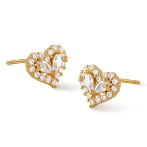Detailed shot of gold-plated heart stud earrings with sparkling cubic zirconia inlay