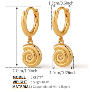 Detail showing 18k gold plated copper snail shell hoop earrings with weight and size