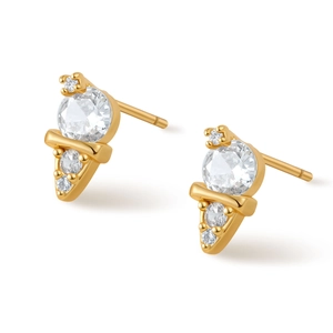 Macro detail of 18K gold plated triangle stud earrings with sparkling round crystals