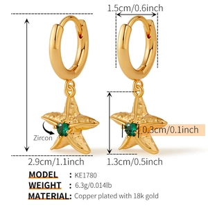 Detailed size measurement of 18k gold plated starfish hoop earrings with green zircons