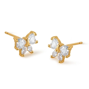 Detailed view of butterfly stud earrings with gold plating and clear gemstones