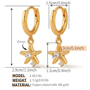 Detailed view of gold starfish hoop earrings with zircon accents and size measurements