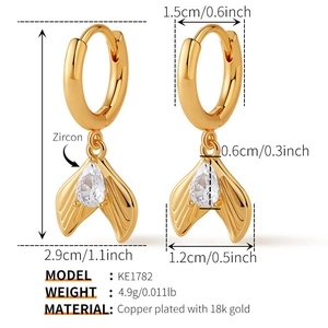 Detailed dimensions of 18K gold plated fishtail hoop earrings with cubic zirconia