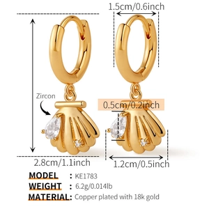 Detailed specs of 18k gold plated copper shell earrings with white zircon stones