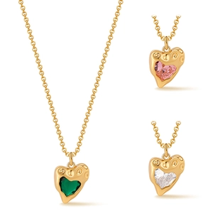 Vintage heart necklaces with zircon gemstones in green, pink, and white on gold chains