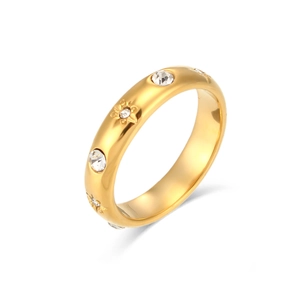 Anello in acciaio inossidabile placcato oro 18K con motivi floreali e zirconi chiari