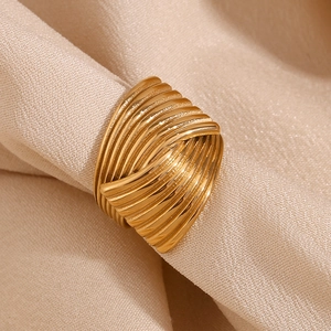 18K gold plated stainless steel ring with a multi-layer fan-shaped textured stripe design