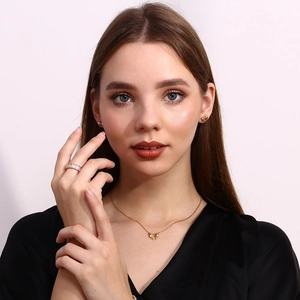 Elegant 18K gold plated stainless steel bow necklace and stud earrings set for women