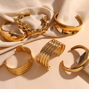 Minimalist Stainless Steel Open Bangle For Women Gold Silver Geometric Wave Bamboo Joint Multi Layer Wide Cuff Fashion Jewelry