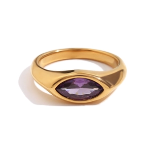 18K gold plated stainless steel signet ring with marquise cut purple zircon stone