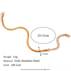 18K gold plated 316L stainless steel flat snake chain bracelet with 15+5cm length