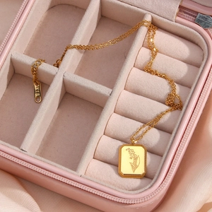 Golden square relief flower pendant necklace with lily of the valley pattern and K18 hallmark