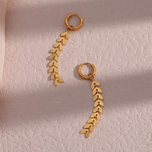 Detail of 18K gold-plated stainless steel earrings with dangling leaf chain tassels