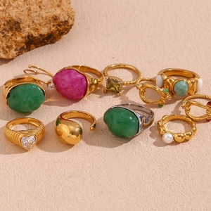 Collection of retro 18K gold plated stainless steel rings with colorful gemstones