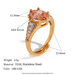 18K gold plated stainless steel ring with large oval orange zircon and side crystals