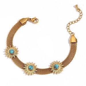 18K vergoldetes Edelstahl-Armband mit bösem Auge, Naturstein und gewebtem Mesh-Band