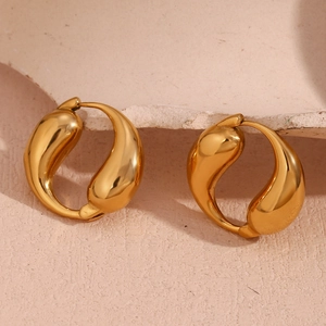 Detailed view of teardrop double-loop hoop earrings in polished 18K gold plated finish