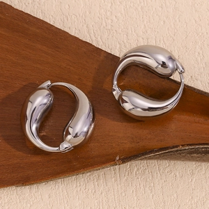 Polished silver-tone metal hoop earrings with a double water drop circular design