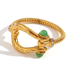 Vintage 18K gold plated stainless steel cable ring with horseshoe green gemstone buckle