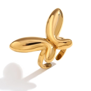 Bague papillon en acier inoxydable plaqué or 18 carats avec anneau ajustable