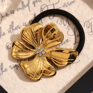 Vintage Stainless Steel Flower Hair Tie For Women 18K Gold Plated Rhinestone Elastic Hair Rope Fashion Hair Accessories