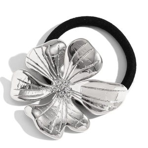 Elegant silver flower hair tie with sparkling crystals and durable black elastic band