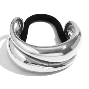 Polished silver double-layer teardrop hair tie with minimalist stainless steel accents