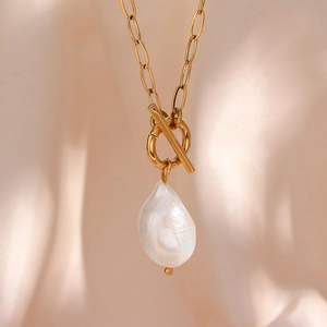 Collar Con Colgante de Perla de Agua Dulce Barroca para Mujer Cadena de Clip de Acero Inoxidable Chapado en Oro de 18K