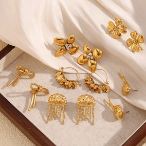 French vintage style 18K gold plated earring set with flower, snail and tassel details