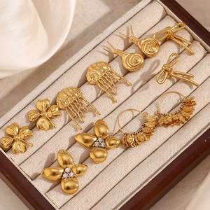 Retro 18K gold plated stainless steel earring set with floral and snail tassel designs