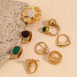 French vintage 18K gold plated stainless steel rings with floral design and pearls