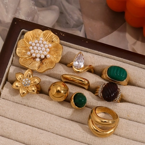 French vintage 18K gold plated oval flower rings with pearls and gemstones set