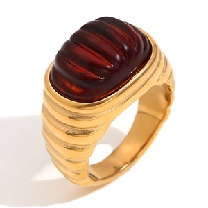 French vintage 18K gold plated stainless steel ring with oval brown gemstone