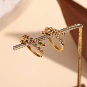Cross-over open ring in 18K gold-plated stainless steel with colorful zircon and white gems