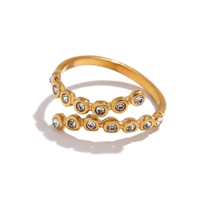 Crossed open ring in 18K gold plated stainless steel with micro-set rhinestones