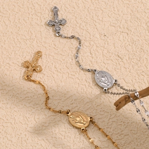 Collier rétro en acier inoxydable or 18K et argent avec croix et médaille Marie