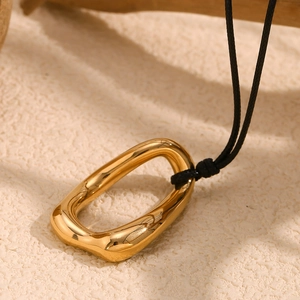 Minimalist 18K gold plated irregular round pendant necklace with black cord for women