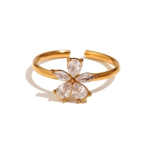 Adjustable 18K gold plated stainless steel ring with zircon five-petal flower