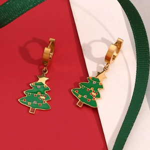 Orecchini A Cerchio Albero Di Natale Acciaio Inossidabile Placcato Oro 18K Smalto Verde Gioielli Festivi Per Donna